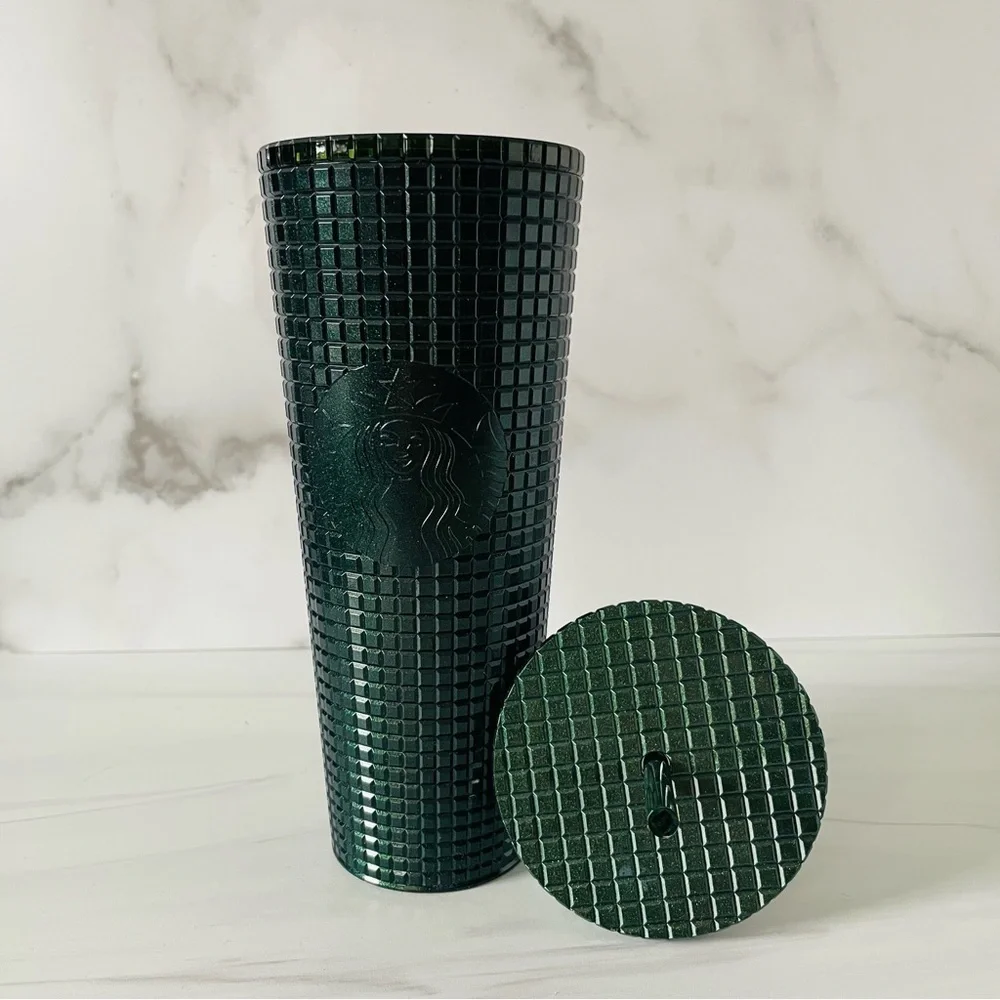 Starbucks 2021 Holiday Dark Green Metallic Grid 24 Oz Cold Cup Tumbler- New